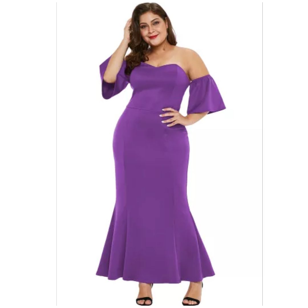 R Purple Sexy Strapless Drop Shoulder Plus Size Maxi Dress