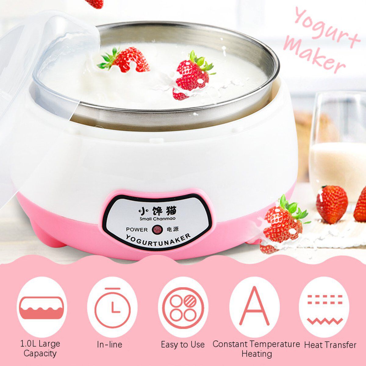 8W 1.0L Yogurt Machine Maker Household Fully Automatic Stainless Steel Small Yogurt Machine Kitchen Tools Stainless Steel Inner /Plastic Inner Pink (Stainless Steel Inner)