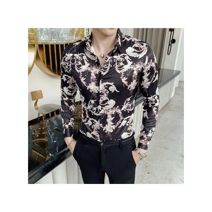 2019 Autumn Flower Shirt Mens Club Long Sleeve Shirt Slim Fit Fancy Shirts Casual Shirts Men Camisa Social Masculina(2325black)