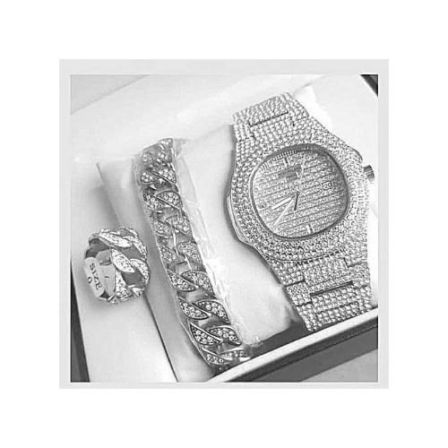 Iced Wristwatch With Bangle And Ring - Silver - size 10