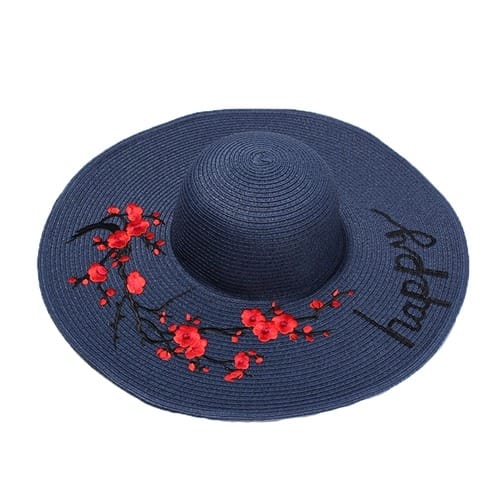 Happy Floral Embroidered Wide Brim Sun Hat - Blue