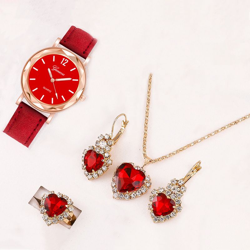 4 IN 1 Women's Watch + Necklace + Ring + Earrings Set - Red