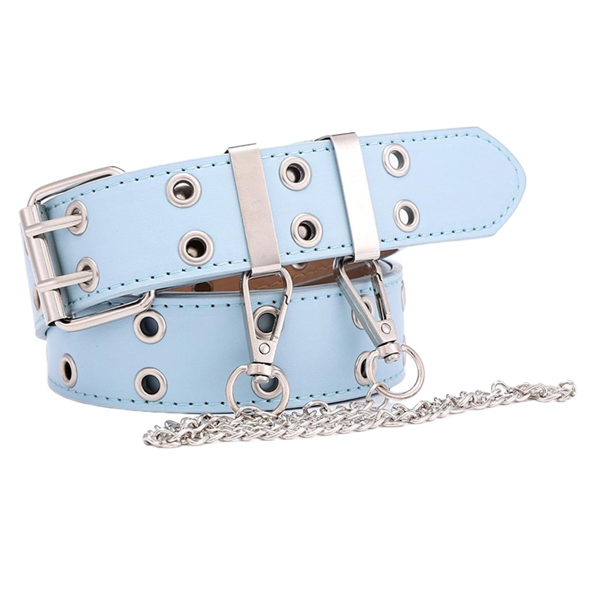 Ladies Women Waist Belt Punk Double Grommet Gothic Blue With Chain