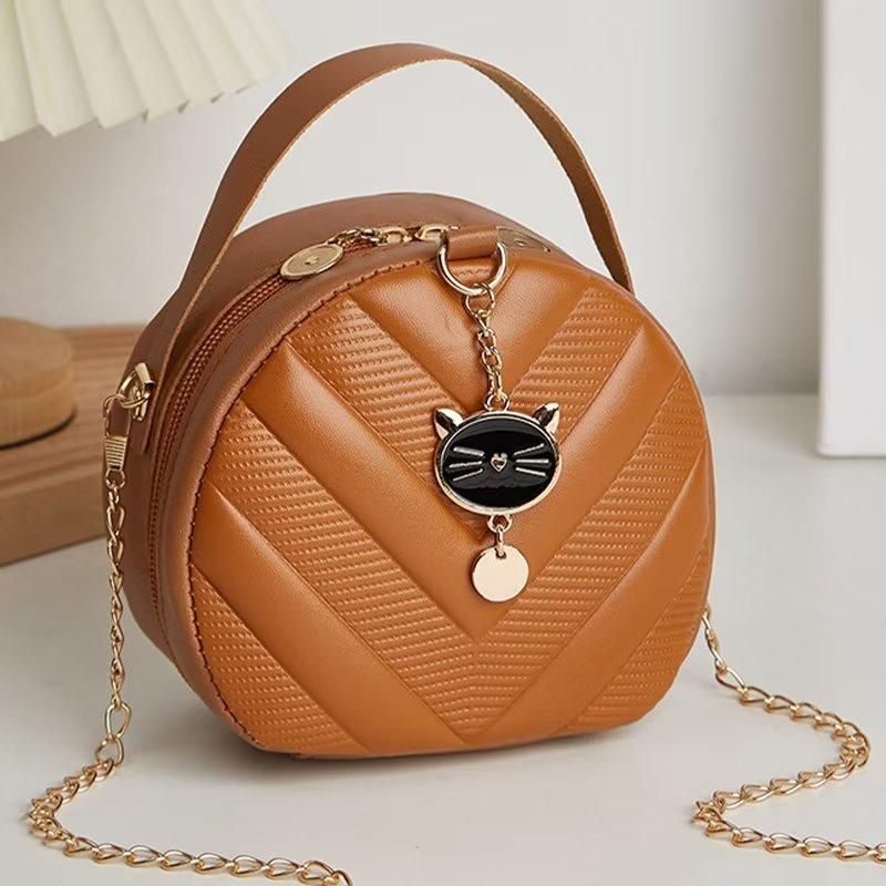 Women Crossbody Bag Leather Shoulder Bag For Ladies Chain Handbags Cat Round Bags Brown