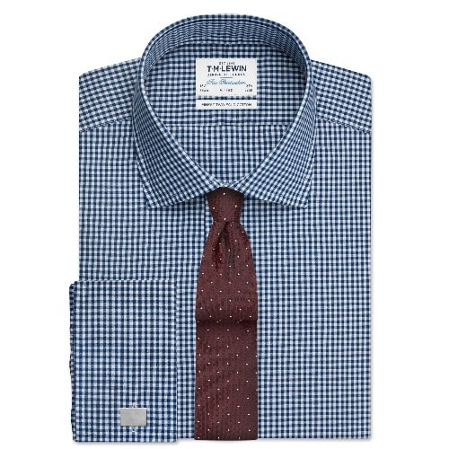 Navy Gingham Fitted Double Cuff Shirt