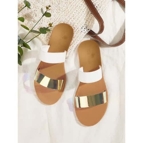 Jentel Ladies' Flat Slippers - White & Gold