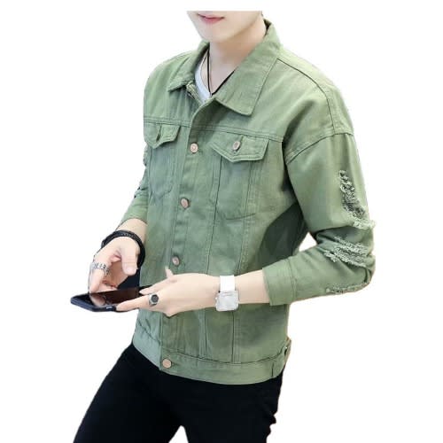 Denim Jacket Ripped Jeans- Classic Slim Fit