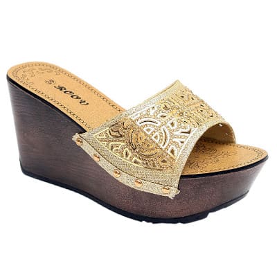Luna Wedge Slippers With Wood Inspired Heel - Gold