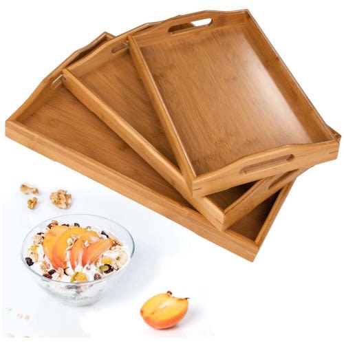 Bamboo Wooden Food And Tea Serving Tray With Double Handles - Set Of 3