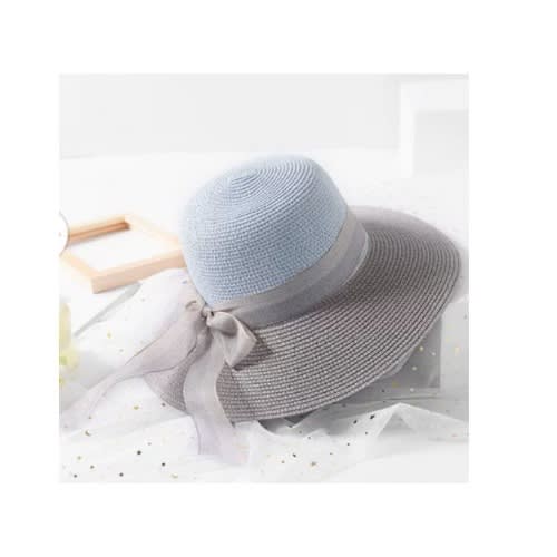 Ladies Wide Floppy Straw Hat - Grey & Blue