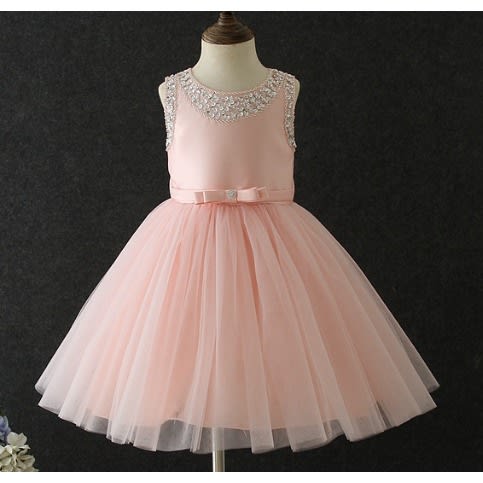 Girls Beaded Neckline Detachable Bow Satin Party Ball Dress -Peachy Pink