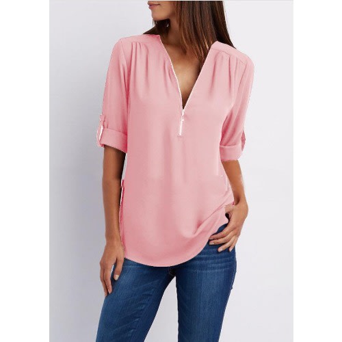Zip Up Long Sleeve Top - Peachy Pink