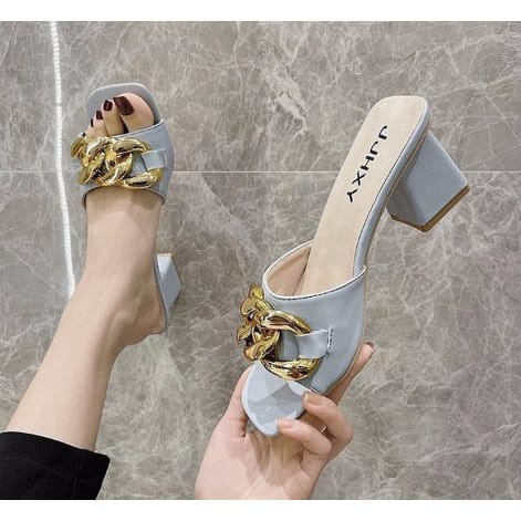Big Chain Mid Block Heel Slipper-BLUE