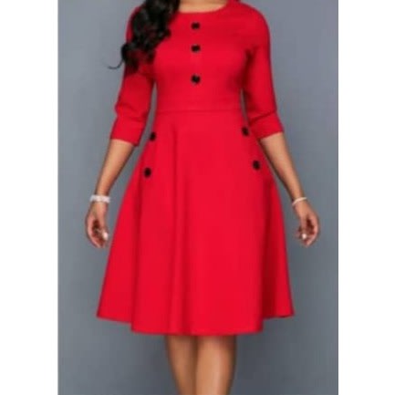 Red Solid Button Detail Midi Dress