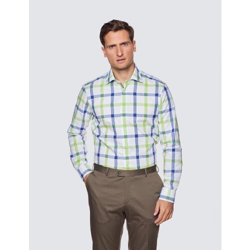 Low Collar Check Relaxed Slim Fit Shirt -  White & Green