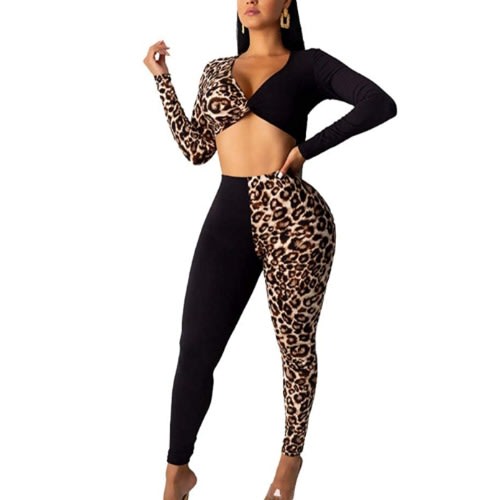 Leopard Print And Black Patch Work Long Sleeve Jumpsuit