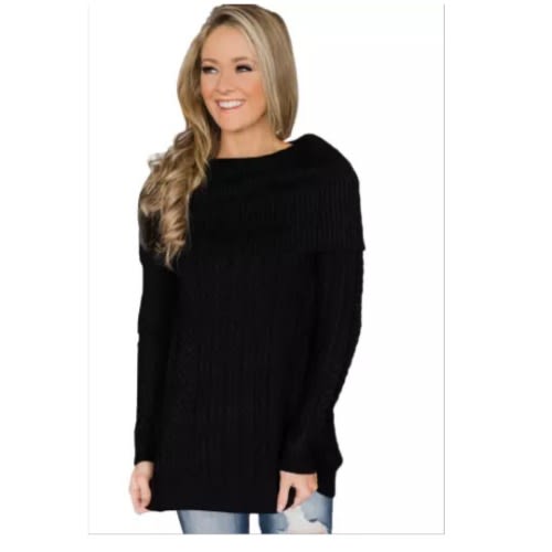 Black Fold Over Poncho Style Sweater - Black
