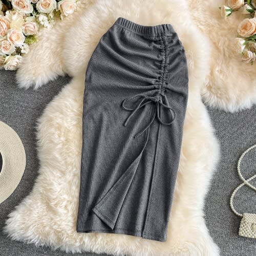 Elastic Ladies Drawstring Split Pencil Skirt - Gray