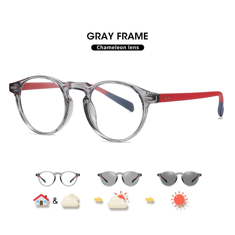 (Gray Frame)LM New Photochromic Anti Blue Light Glasses Men Gaming Round