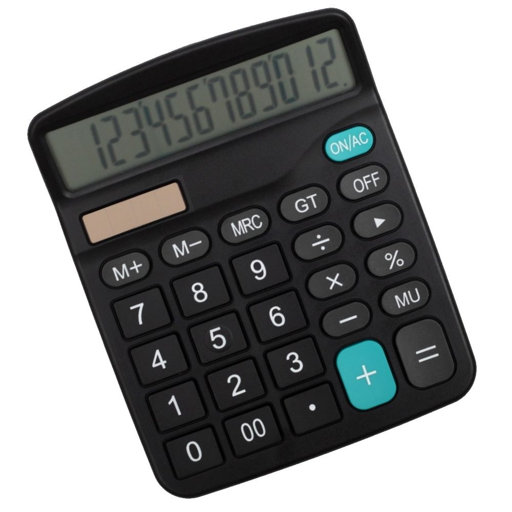 12-Digit Solar Powered Large Display Calculator Home-Black