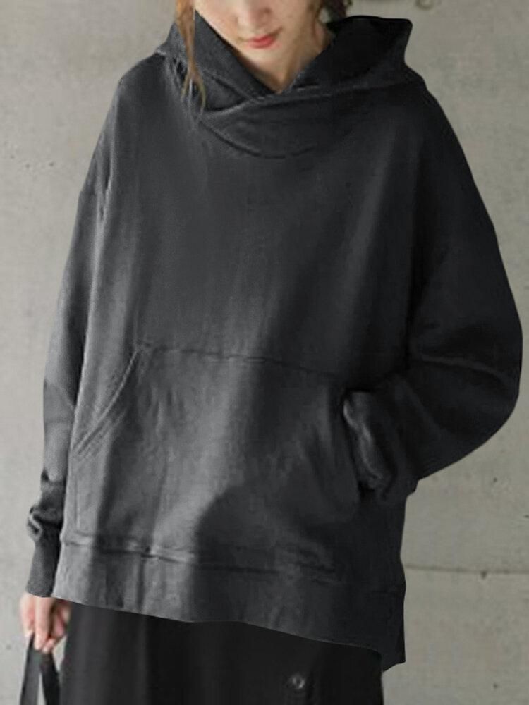 Solid Simple Front Pocket Loose Fit Split Hem Hoodie for Women