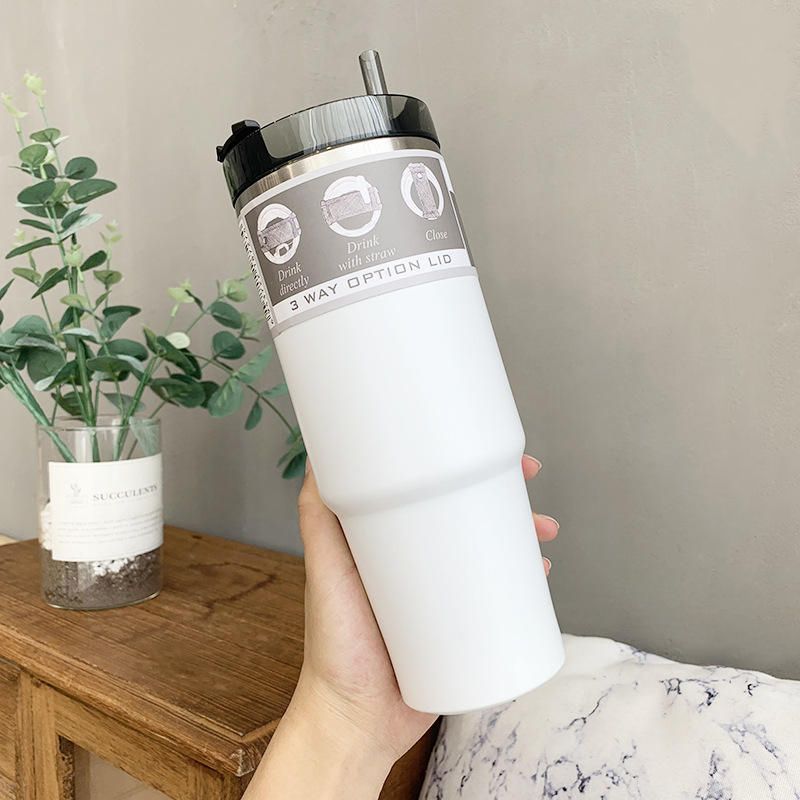 Vacuum Rotary Thermos Coffee Cup 890ML(With Straw) - White