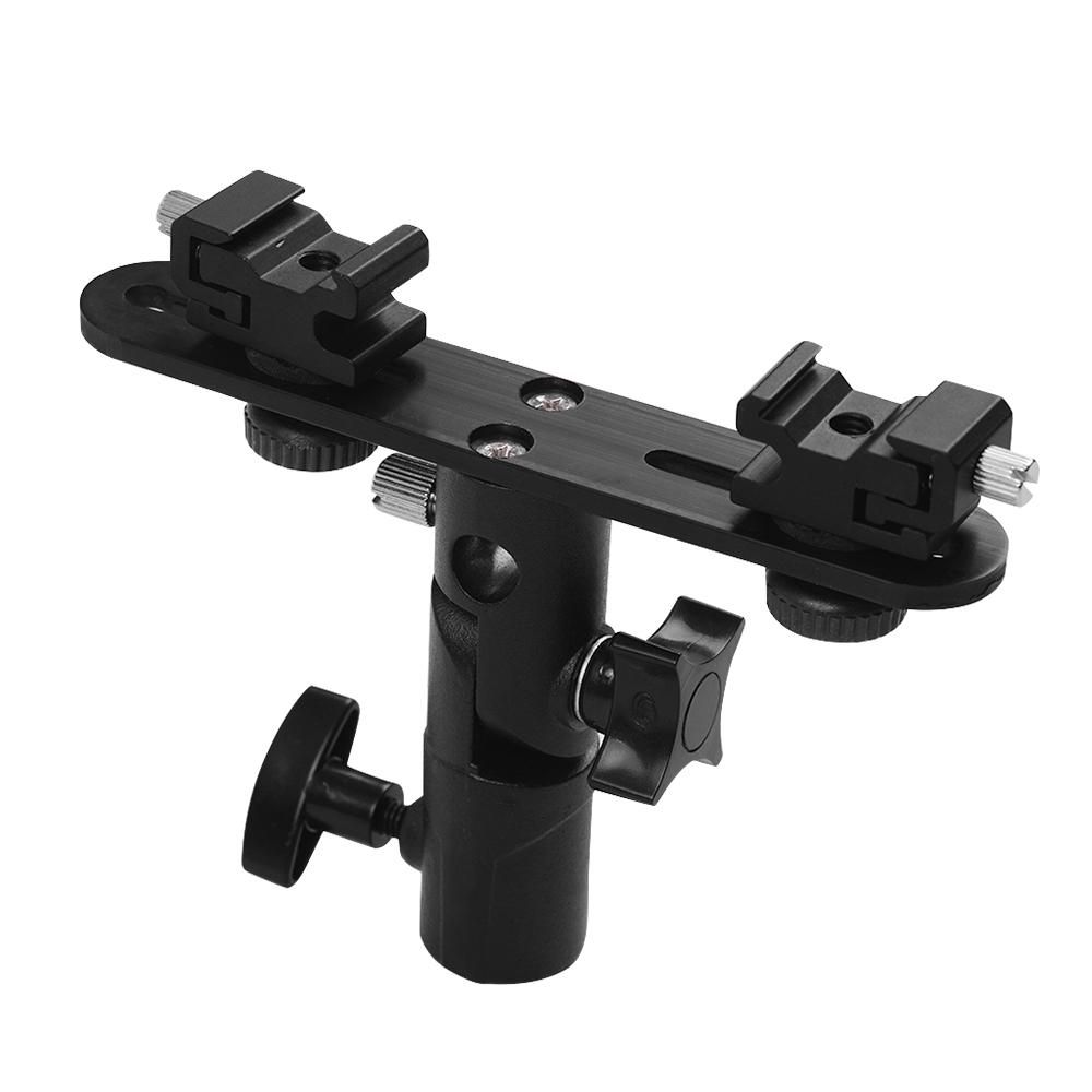 T-shaped Dual Flash Bracket Flash Speedlite Stand with 2 Cold Shoe Mounts 1/4 Inch to 3/8 Inch Mount Umbrella Hole for Canon Nikon YONGNUO Flash for Light Stand Photography Umbrella