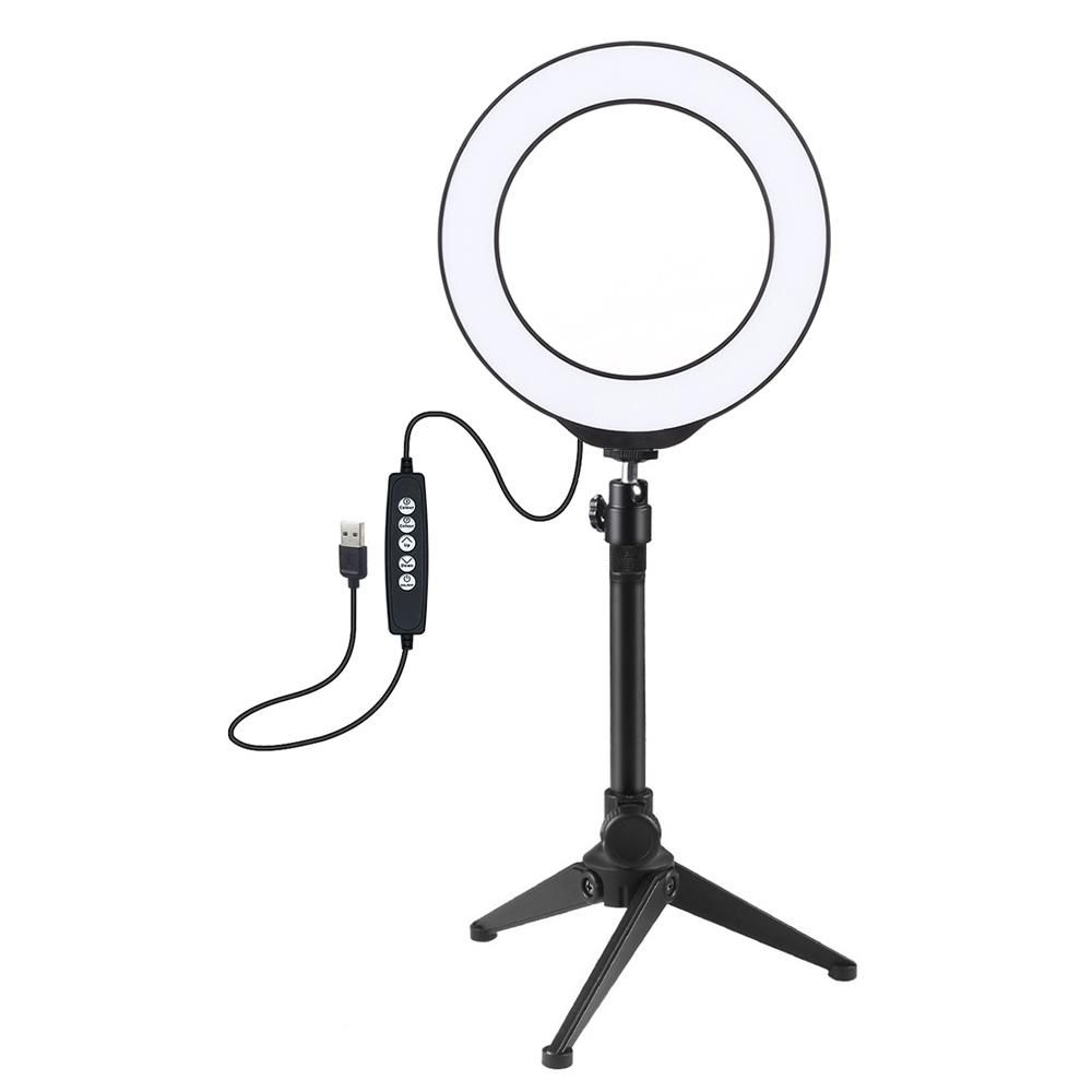 PULUZ 6.2 inch 160mm USB 10 Modes 8 Colors RGBW Adjustable Dimmable LED Round Rings Vlogging Photography Lamp Video Lights + Desktop Tripod Mount with Cold Shoe Tripod BallHead (Black) PKT3048