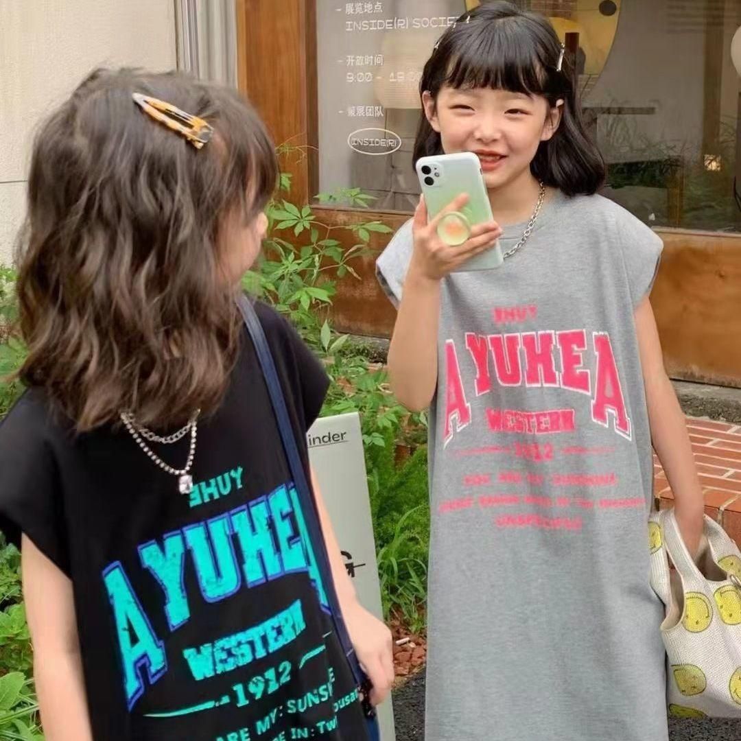 Girls' Mid-Length T-shirt Skirt Korean Style Summer Dress Children and Teens Short Sleeve Girls' Word Tube Skirt Children's Casual Dress
