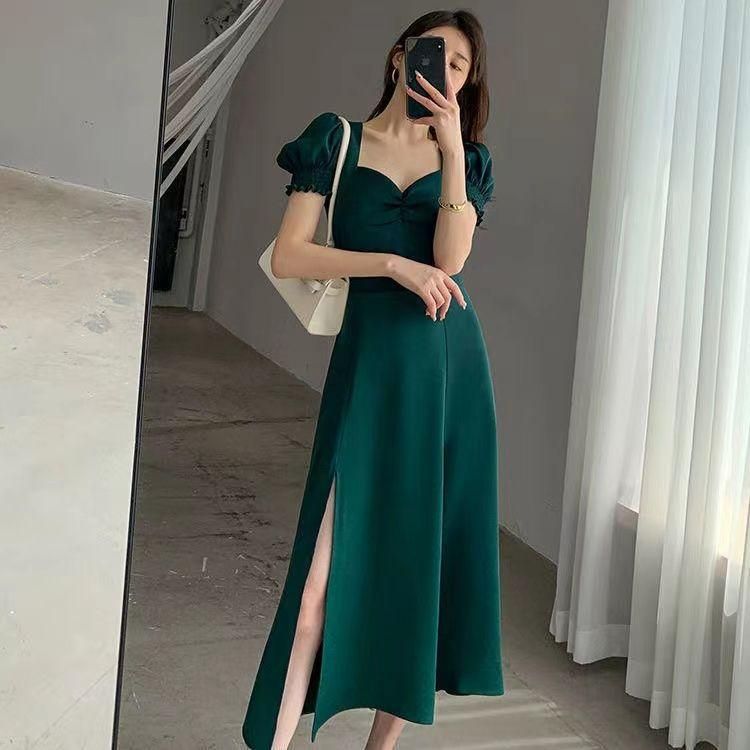 Green Dress for Women Summer 2023 New Style Bubble Sleeve Square Collar Hepburn Style French Sweet Retro A- line Slit Skirt