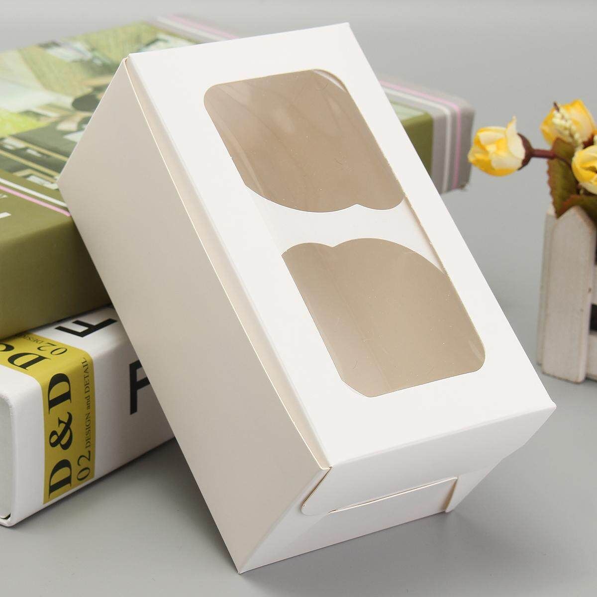10PCS White Cupcake Box With Window 2 Cavity