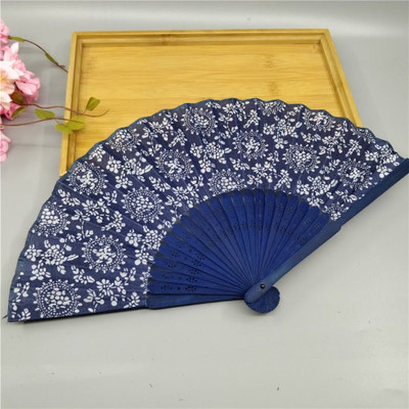 Cloth Favor Flower Wedding Fan For Party Summer Chinese 1PC Hand Folding Gift Blue Women Fabric Floral