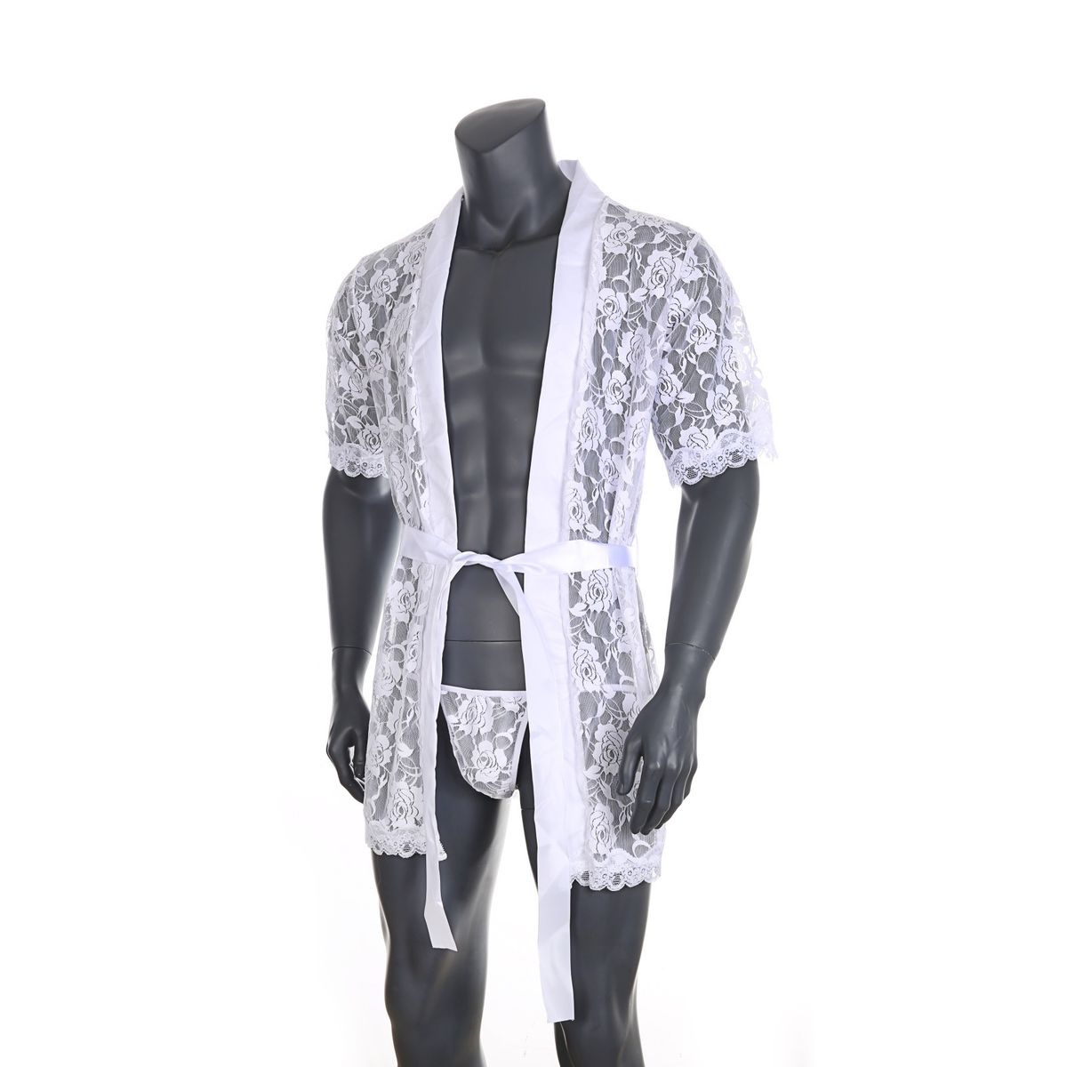 Men's Lace Bathrobe +   Bodysuit Open Crotch Fetish Y Clothing Nightwear Femdom