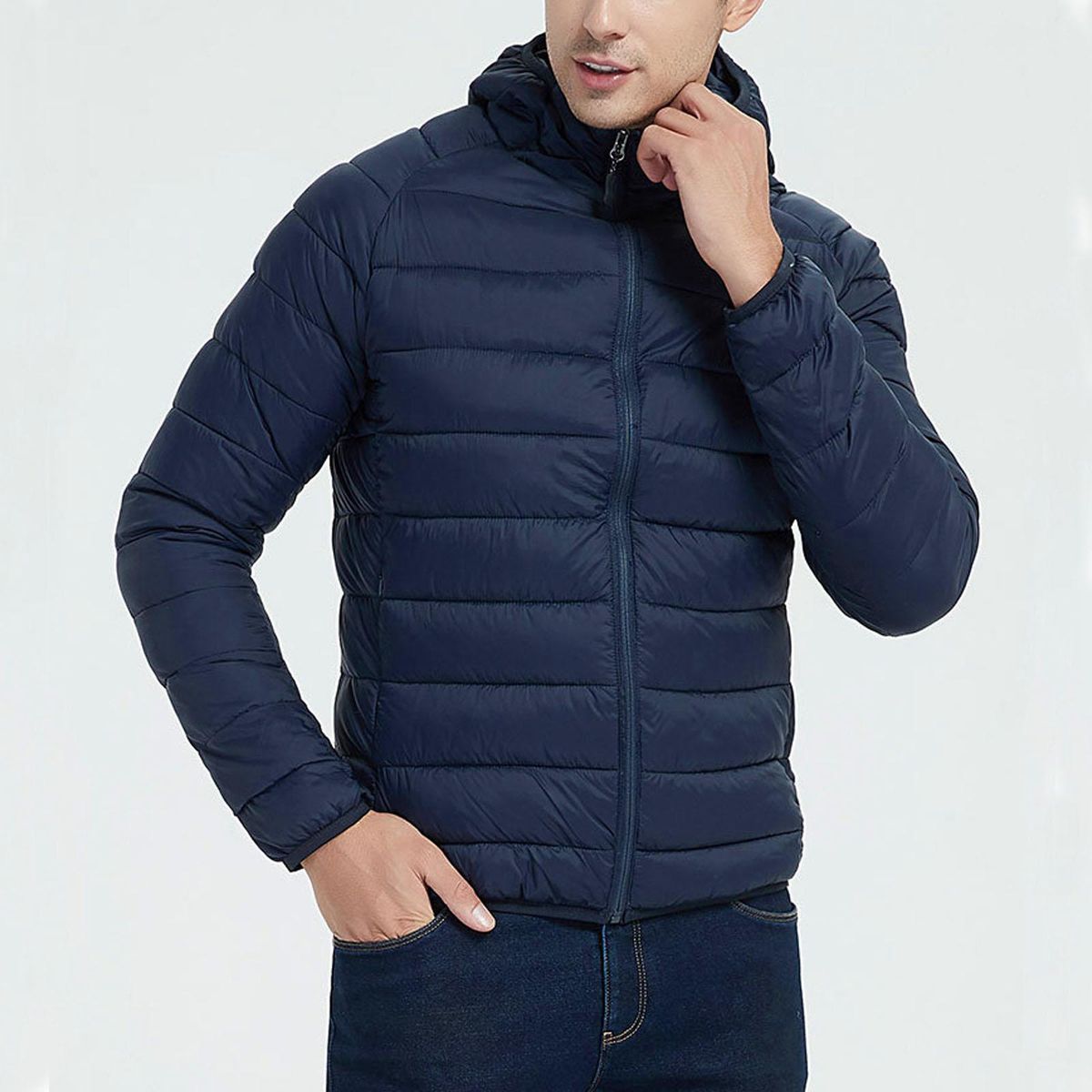 Men's Packable Hooded Down Puffer Jacket, Winter Warm Dark Blue L