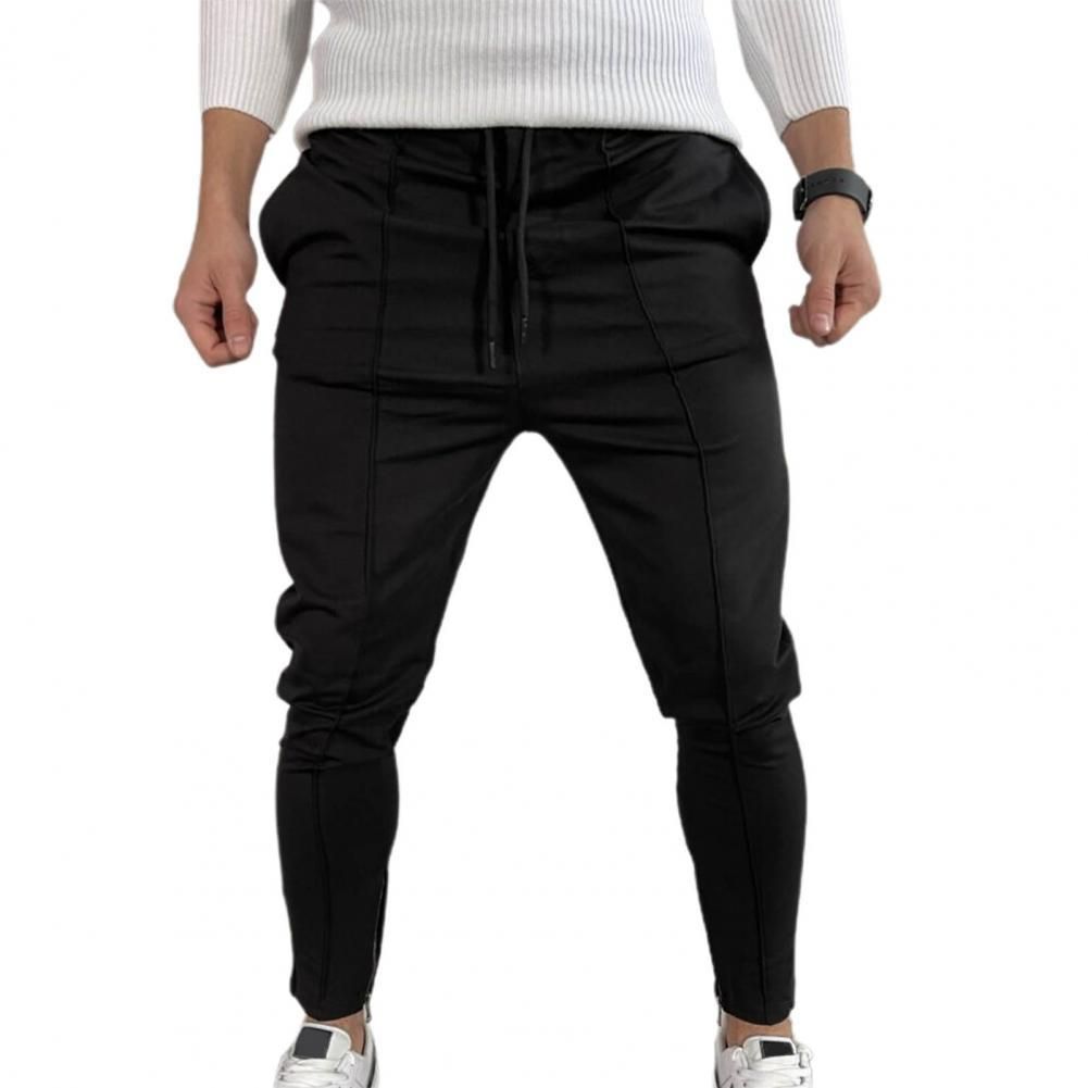 (Black)Sweat Absorption  Simple Solid Color Mid Waist Male Sweatpants Stretchy F