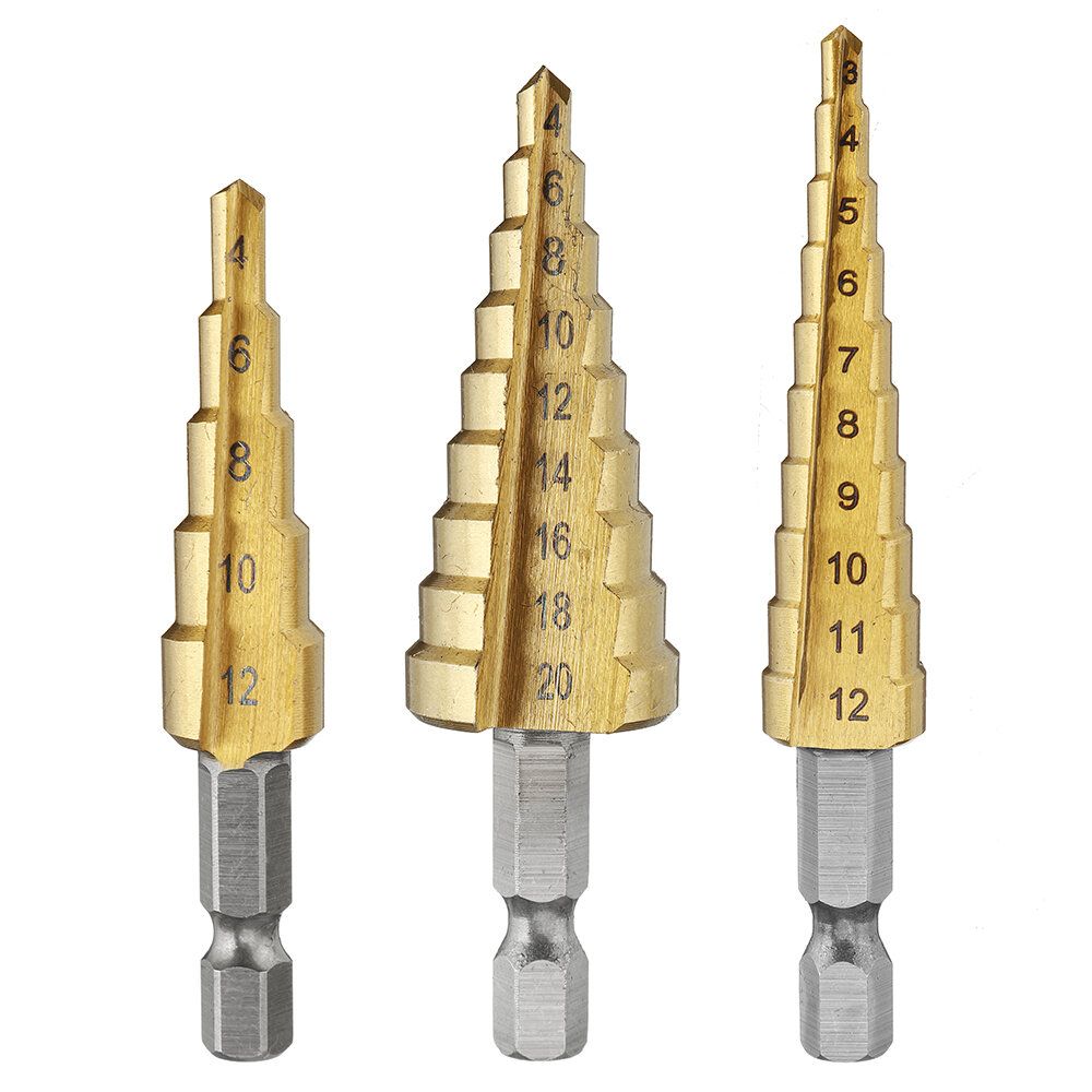 Drillpro 3Pcs 1/4 Inch Hex Shank HSS Titanium Coated Step