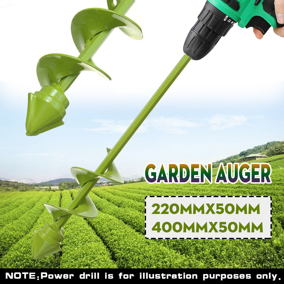 Garden Auger Drill Bit Electric Drill Bit Dis Hole 400/220mm Deep 50mm Wide Green 5cmx22cm