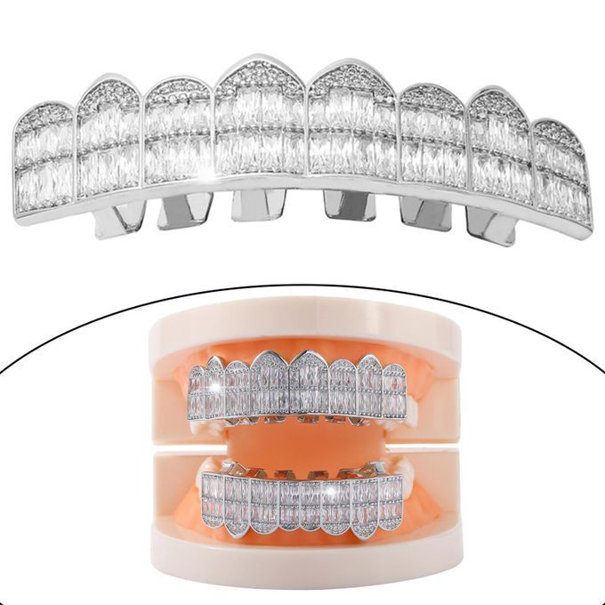 Copper Diamond Teeth Grill Braces Top And Bottom Fangs Silver Upper