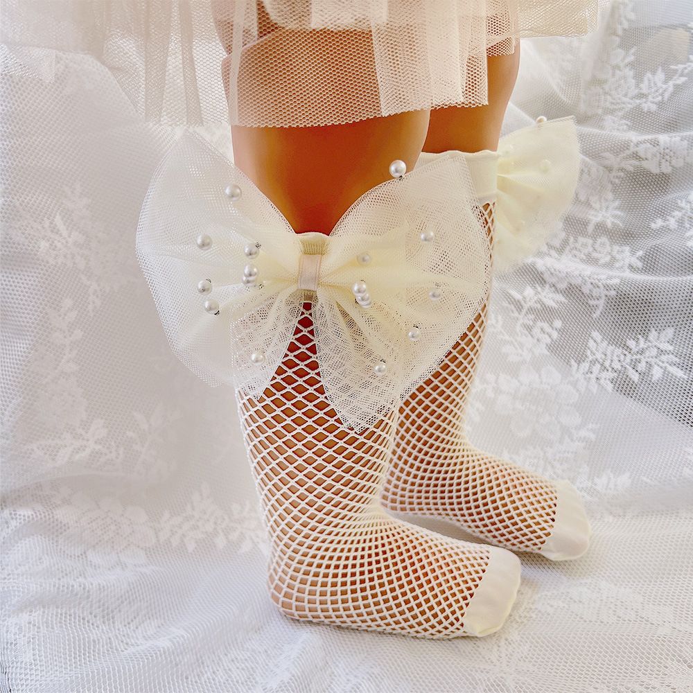 (Creamy Yellow)3 Colors Cute Children Girl Lolita Pearl Bow Socks.Kid Toddler Princess Bow Tie SMA