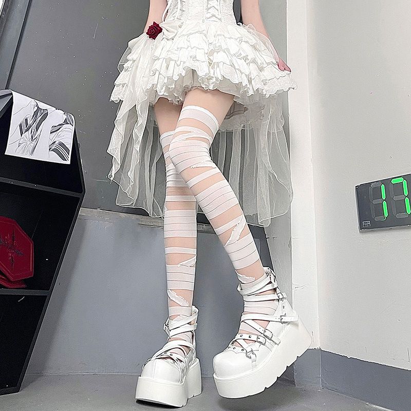 (White)1Pair White Bandage Glass Wool Transparent Knee Stockings Women Japanese Lolita Summer  SMA