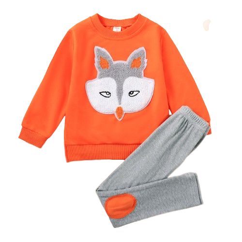 4-12Years Kid Boy Plush Fox Long Sleeve Shirt+ Grey Pants