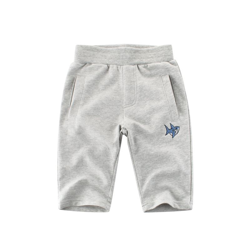 100% Cotton Kid Embroidery Boys Cropped Pants-Grey