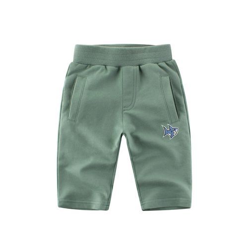 100% Cotton Kid Embroidery Boys Cropped Pants-Green
