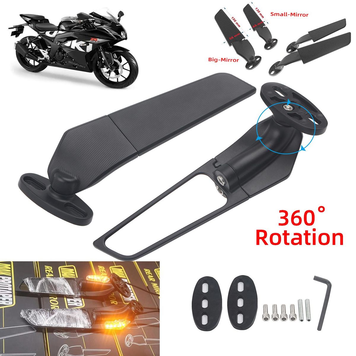 For Suzuki GSXR 600 750 1000 GSX1300R GSX650F GSX-R  Motorcycle Mirror Modified Wind Wing Adjustable Rotating Rearview Mirror