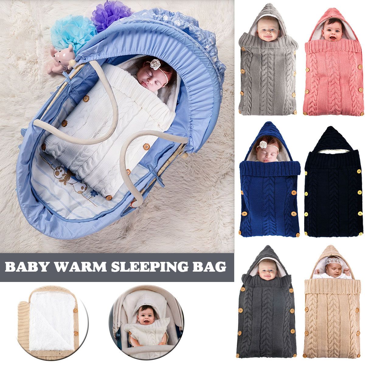 Winter Autumn Baby Sleeping Bag Kids Toddler Warm Sleeping Bag Wool Knit Thick Quilt Black
