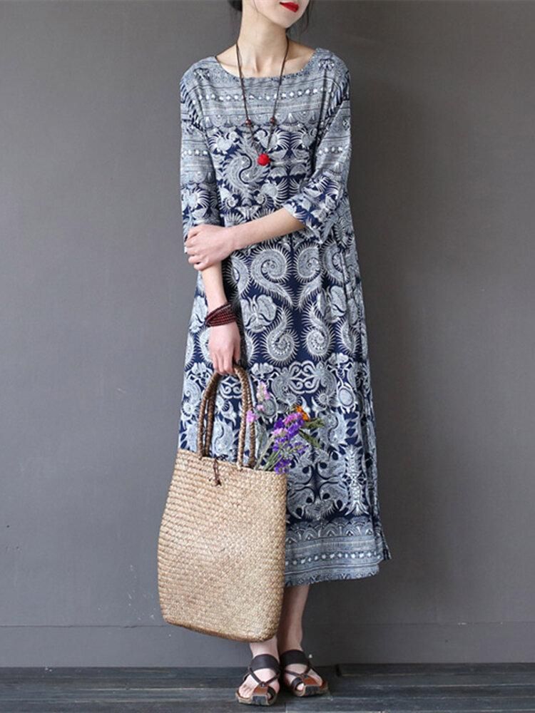 Women Loose Retro Printing 3/4 Sleeve Maxi Dress