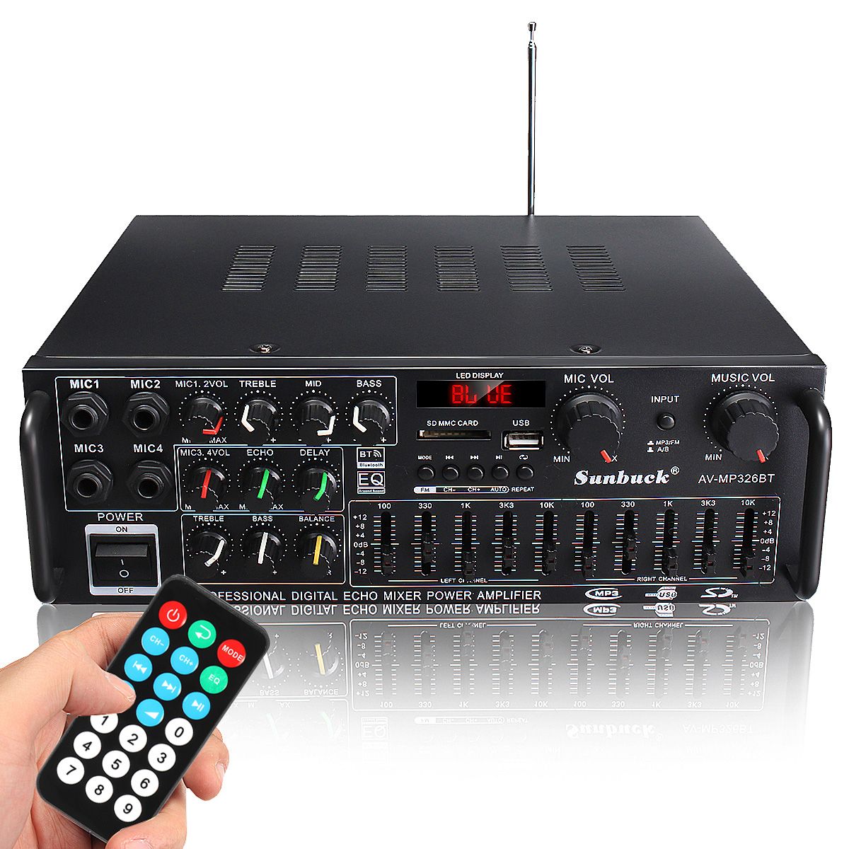 2500W 110/220V Bluetooth Dual Channel Karaoke Mic Input Digital Reverb Home Stereo Amplifier Support USB SD FM AUX Input-220V EU Plug 326BT