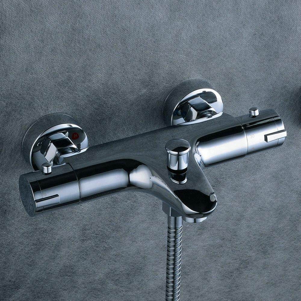 HOOMI Bathroom Thermostatic Exposed Bar Shower Mixer Valve Chrome Bottom Outlet G3/8 GE Plug Silver