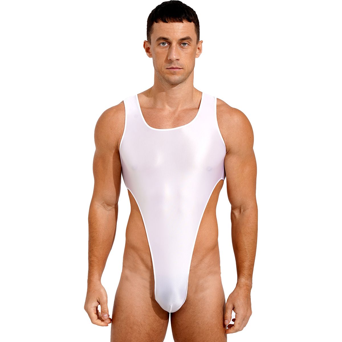 Mens Mankini Swimwear U Neck Sleeveless Bodysuit Glossy Stretchy High Cut