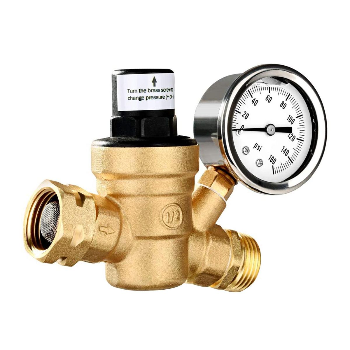 Water Pressure Regulator Valve Lead-Free Brass Adjustable Water Pressure Regulator Reducer with 0-160PSI Gauge and Inlet Screened Filter for RV Travel Trailer